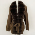 OFTBUY Trim Belted Waist Warm Winter Luxury Fashion Outerwear Sweater Female New Women's Knit Cardigan with Large Real Fox Fur