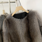 OFTBUY Luxury Collarless Faux Fur Jacket - Chic Short Fluffy Vegan Fur Coat for Women
