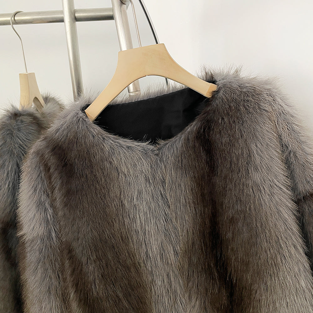 OFTBUY Luxury Collarless Faux Fur Jacket - Chic Short Fluffy Vegan Fur Coat for Women