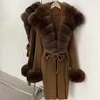 OFTBUY Fashion Warm Belt Real Fox Fur Cardigan New Natural Fur Collar Long Knit Jacket Women Atrumn Winter Top Clothing Female