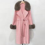 OFTBUY Fashion Warm Wool Coat with Real Fox Fur Collar New Autumn Winter Long Clothing Women Belt Elegant Woolen Jcacket Female