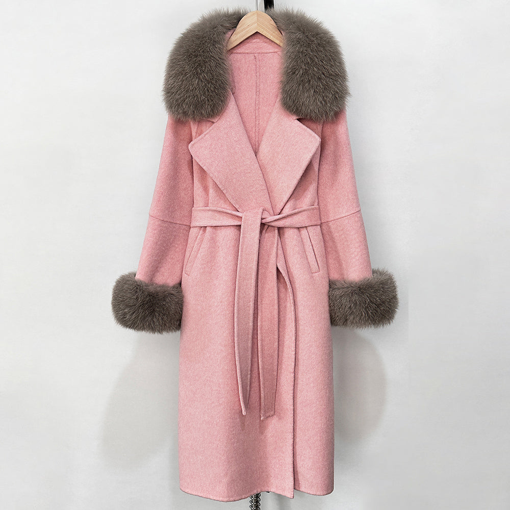OFTBUY Fashion Warm Wool Coat with Real Fox Fur Collar New Autumn Winter Long Clothing Women Belt Elegant Woolen Jcacket Female