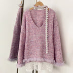 OFTBUY New Spring Autumn Top Knitted Clothes Women Loose Ribbon Knitwear Coat Real Fox Fur Lace Pullovers Sweater Jacket Female
