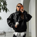 OFTBUY Womens Oversized Faux Leather Bomber Jacket