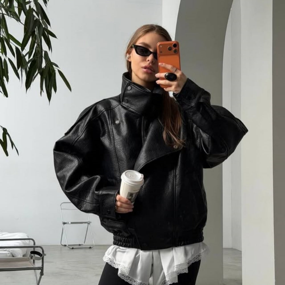 OFTBUY Womens Oversized Faux Leather Bomber Jacket