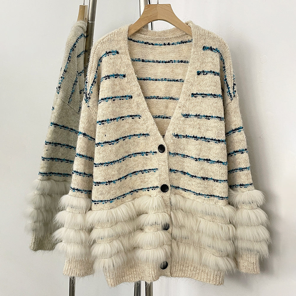 OFTBUY Stripe V-neck Real Fur Trim Sweater Coat Women New Spring Autumn Top Clothing Female Knitted Cardigans with Real Fox Fur
