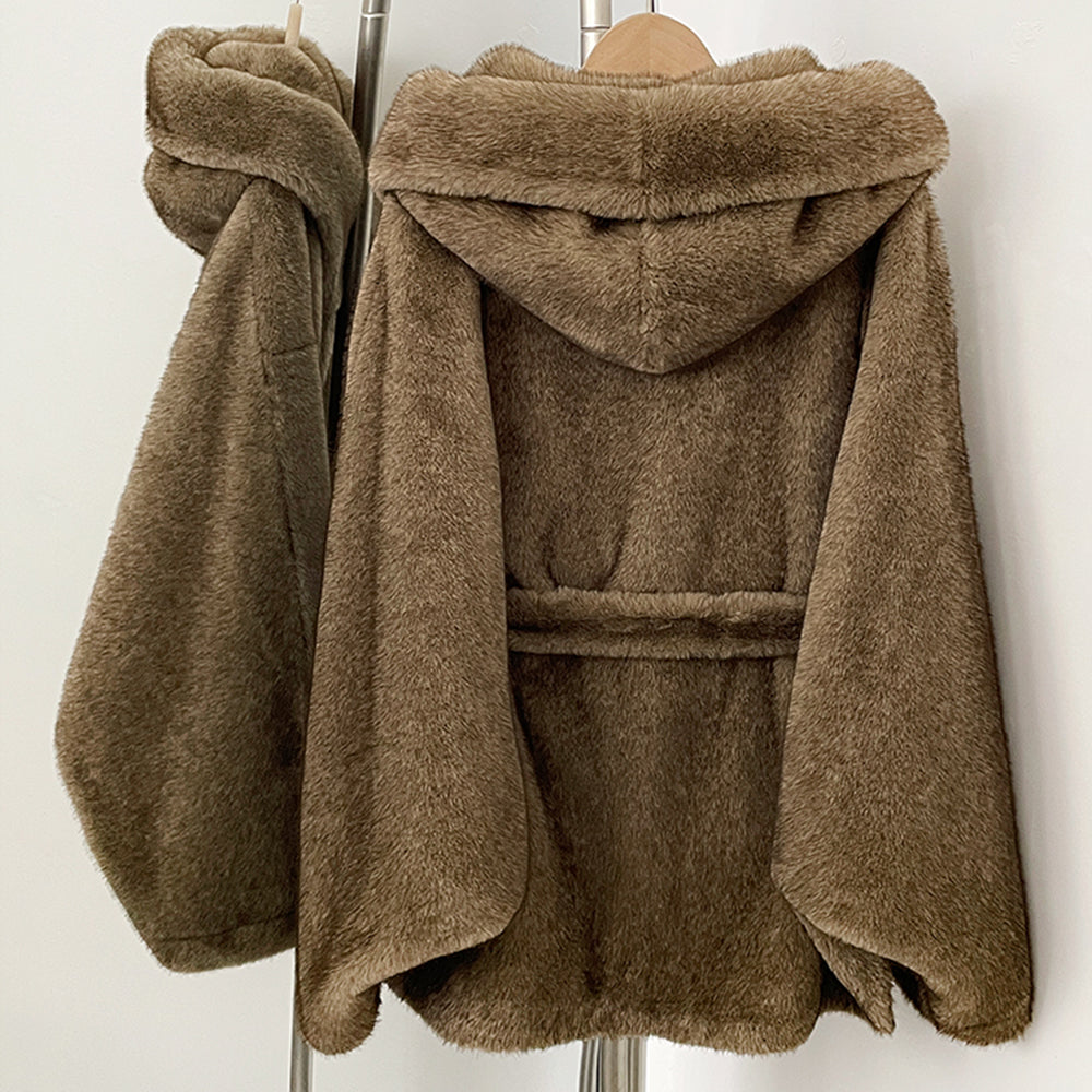 OFTBUY Wholesale Hooded Belt Faux Fur Coat Female Thickened Warm Fluffy Fake Fur Jacket Women New Winter Long Sleeve Fur Clothes Female