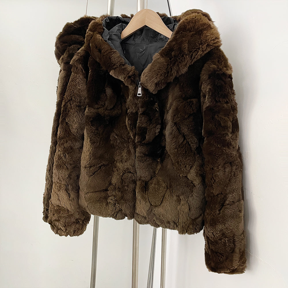 OFTBUY V-Neck Open Front Fur Jacket Female New Autumn Winter Outerwear Women's Brown Patchwork Real Rex Rabbit Fur Short Coat