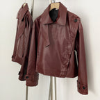 OFTBUY New Women's Clothes Faux Leather Jacket Lapel Collar Button Coat Female Elastic Hem Streetwear Fashion Casual Outerwear
