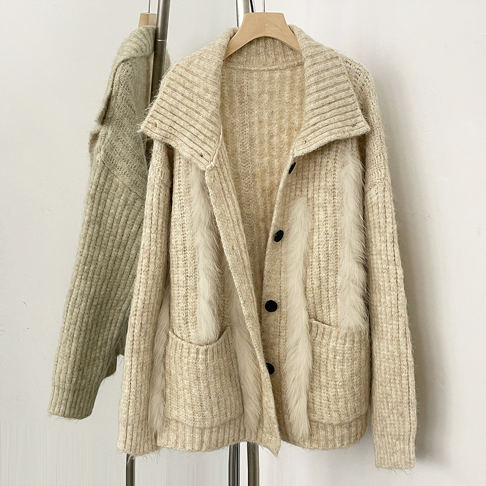 OFTBUY New Fashion Spring Autumn Loose Sweater Female Real Fox Fur Cardigan Clothing Women Button Oversized Knitted Jacket Lady