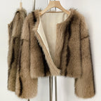 OFTBUY Luxury Collarless Faux Fur Jacket - Chic Short Fluffy Vegan Fur Coat for Women