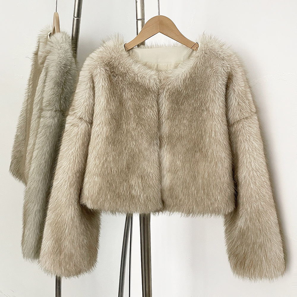 OFTBUY Cropped Faux Fox Fur Jacket