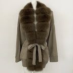 OFTBUY Trim Belted Waist Warm Winter Luxury Fashion Outerwear Sweater Female New Women's Knit Cardigan with Large Real Fox Fur