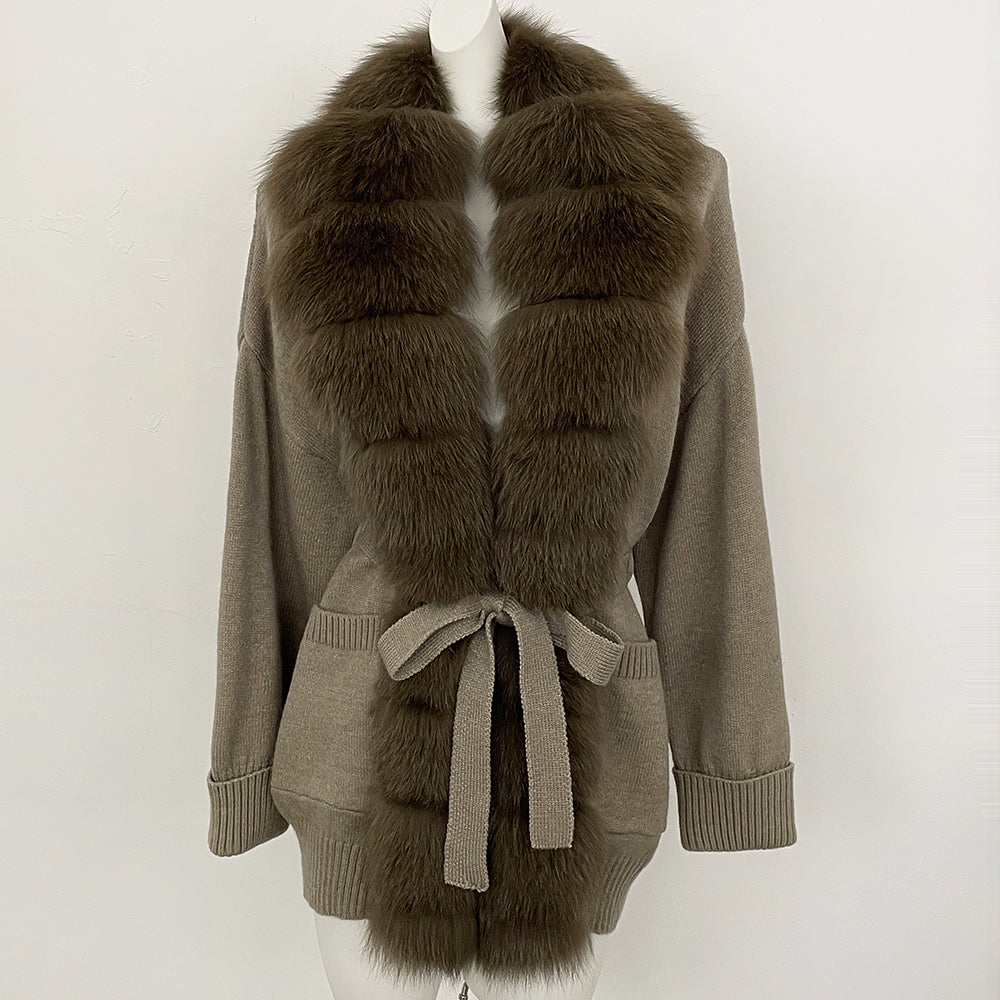 OFTBUY Trim Belted Waist Warm Winter Luxury Fashion Outerwear Sweater Female New Women's Knit Cardigan with Large Real Fox Fur