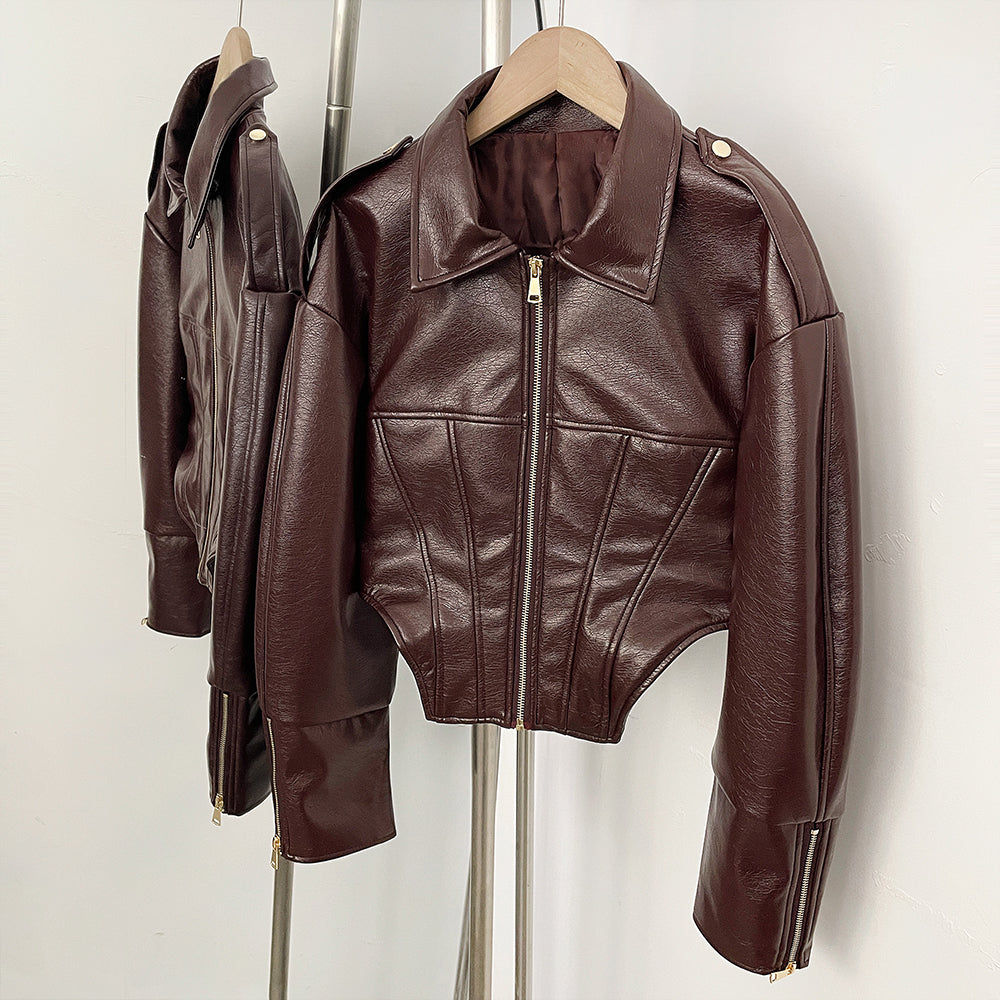 OFTBUY Casual Lapel Sleeve Zipper Fishbone Coats Lady Daily High Street Coat Women's Retro Cinched-waist Coated Leather Jacket