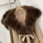 OFTBUY Fashion Warm Belt Real Fox Fur Cardigan New Natural Fur Collar Long Knit Jacket Women Atrumn Winter Top Clothing Female