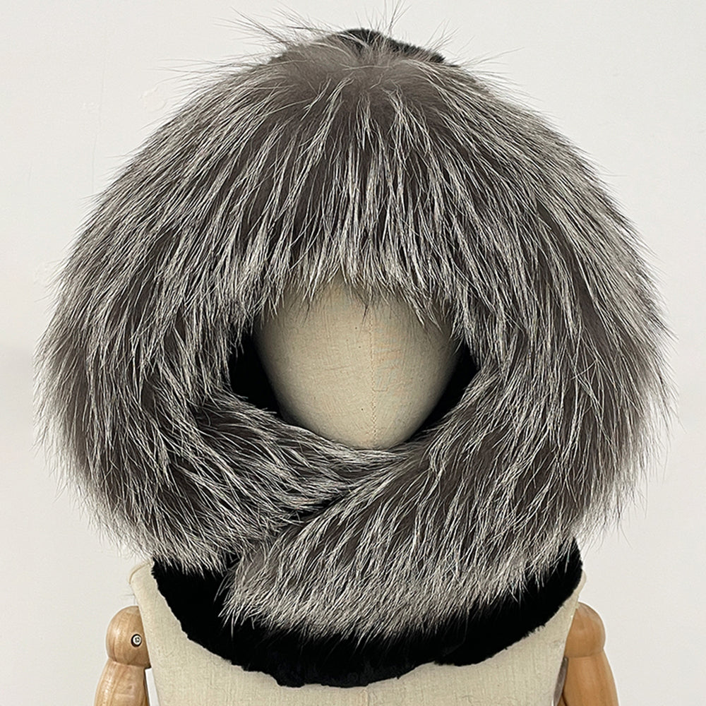 OFTBUY New Winter Thick Warm Windproof Fluffy Neckerchief Female Natural Rabbit Fur Hat with Scarf Women Real Fox Fur Cap Child