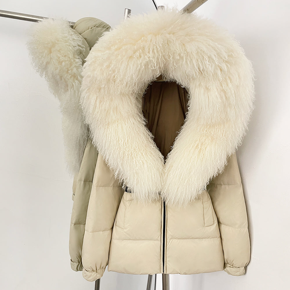 OFTBUY New Belted Luxury Warm Winter Women's Puffer Jacket with Real Mongolia Sheep Fur Collar Outerwear Duck Dowm Coat Female