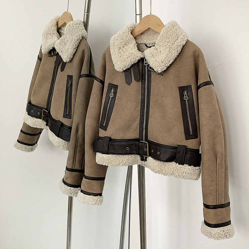 OFTBUY New Winter Clothing Woman's Fashion Thick Warm Faux Fur Shearling Jacket Coat Vintage Long Sleeve Belt Hem Jacket Female