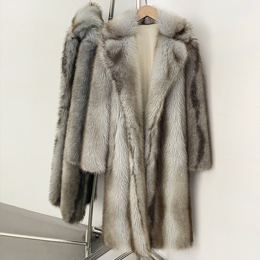 OFTBUY Luxury Long-Line Notch Lapel Faux Fur Coat - Elegant Winter Vegan Fur Overcoat