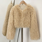 OFTBUY Faux Fur Coat for Women Fur Fluffy Autumn Short Fur Coat Eco-friendly Warm Female New Winter Jacket Long Sleeves O-neck