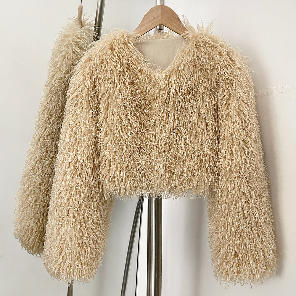 OFTBUY Faux Fur Coat for Women Fur Fluffy Autumn Short Fur Coat Eco-friendly Warm Female New Winter Jacket Long Sleeves O-neck