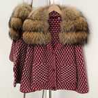 OFTBUY Women's Real Fox Raccoon Fur Collar Houndstooth Knit Cardigan Warm Winter Sweater Coat Female Luxury Elegant Outerwear
