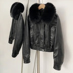OFTBUY New Spring Autumn Short Top Clothes Women Fashion Pu Leather Jacket with Faux Fur Collar Biker Fake Leather Coat Female