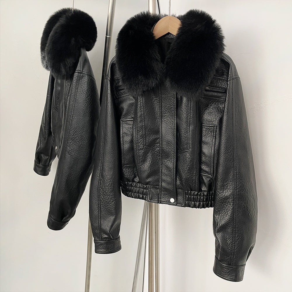 OFTBUY New Spring Autumn Short Top Clothes Women Fashion Pu Leather Jacket with Faux Fur Collar Biker Fake Leather Coat Female