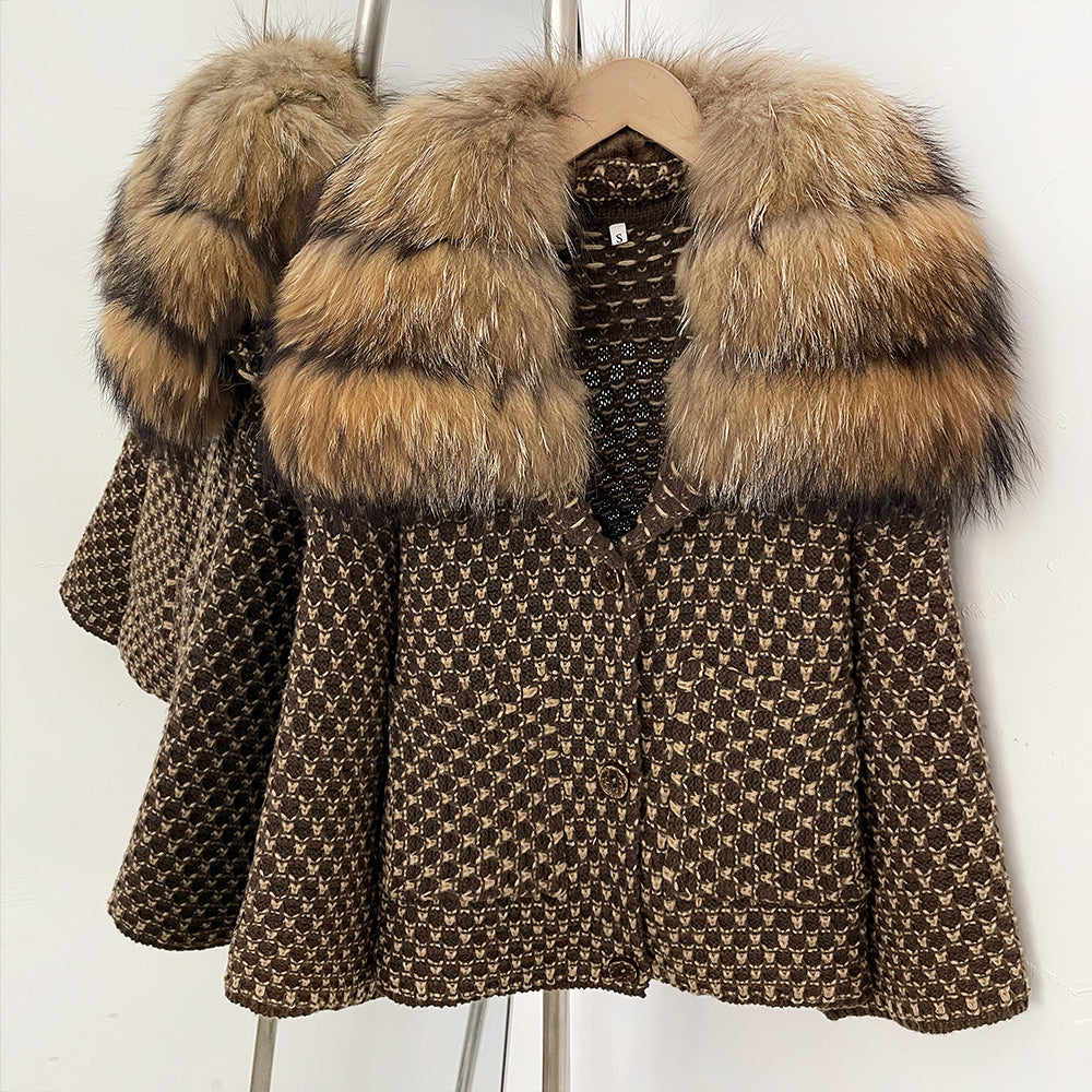 OFTBUY Women's Real Fox Raccoon Fur Collar Houndstooth Knit Cardigan Warm Winter Sweater Coat Female Luxury Elegant Outerwear