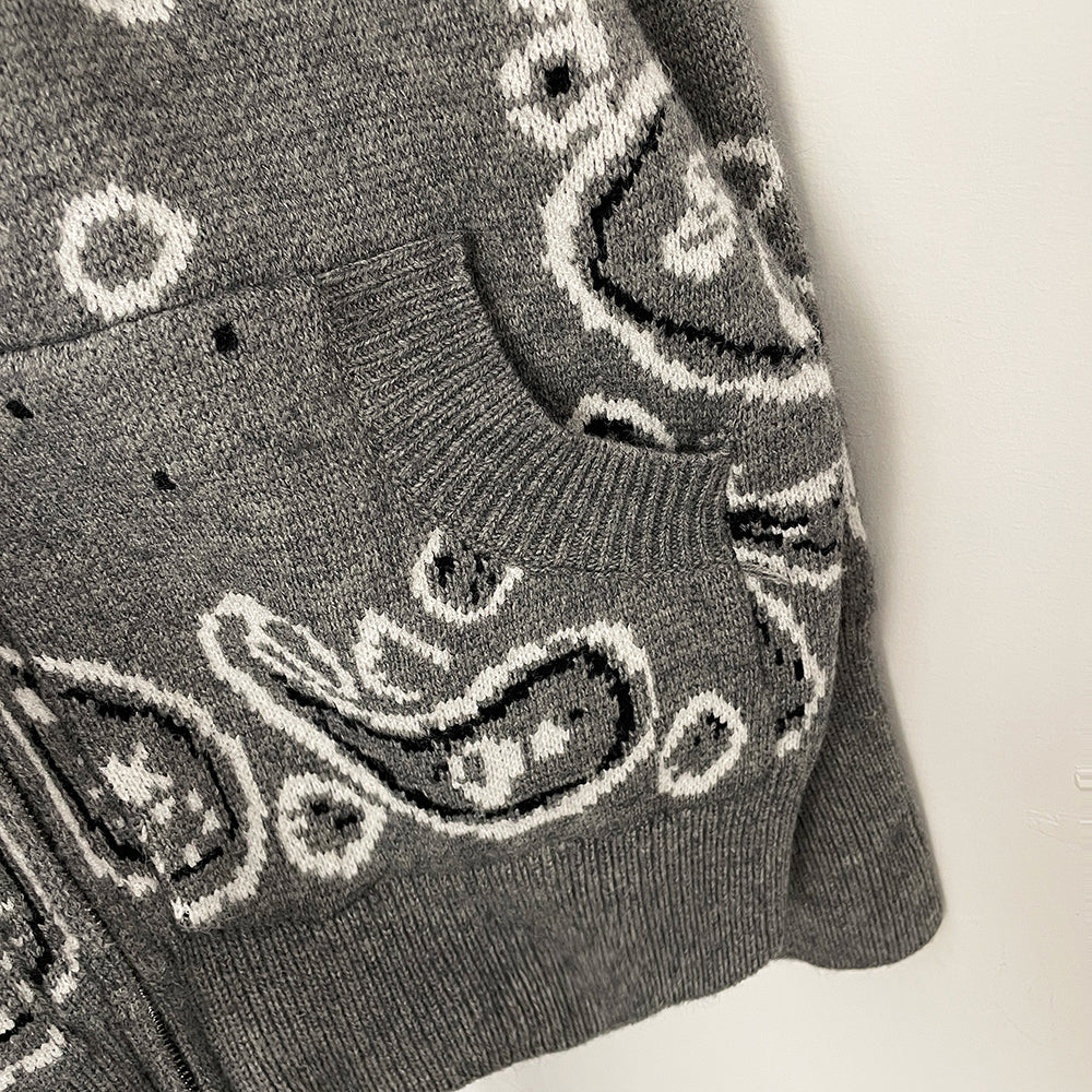 OFTBUY Women's Vintage Real Fox Fur Collar Knit Cardigan Paisley Print Zip Up Sweater Jacket Female Warm Winter Luxury Outerwear