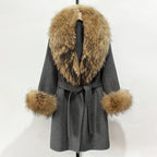 OFTBUY New Autumn Winter Top Clothes Women Belt Natural Fur Wool Coat Female Fashion Warm Woolen Jacket with Real Fox Fur Collar