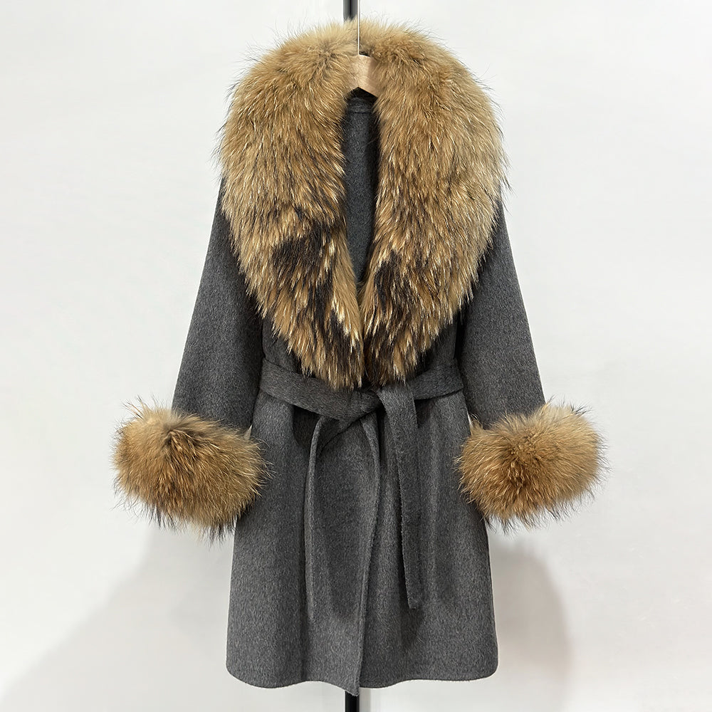 OFTBUY New Autumn Winter Top Clothes Women Belt Natural Fur Wool Coat Female Fashion Warm Woolen Jacket with Real Fox Fur Collar