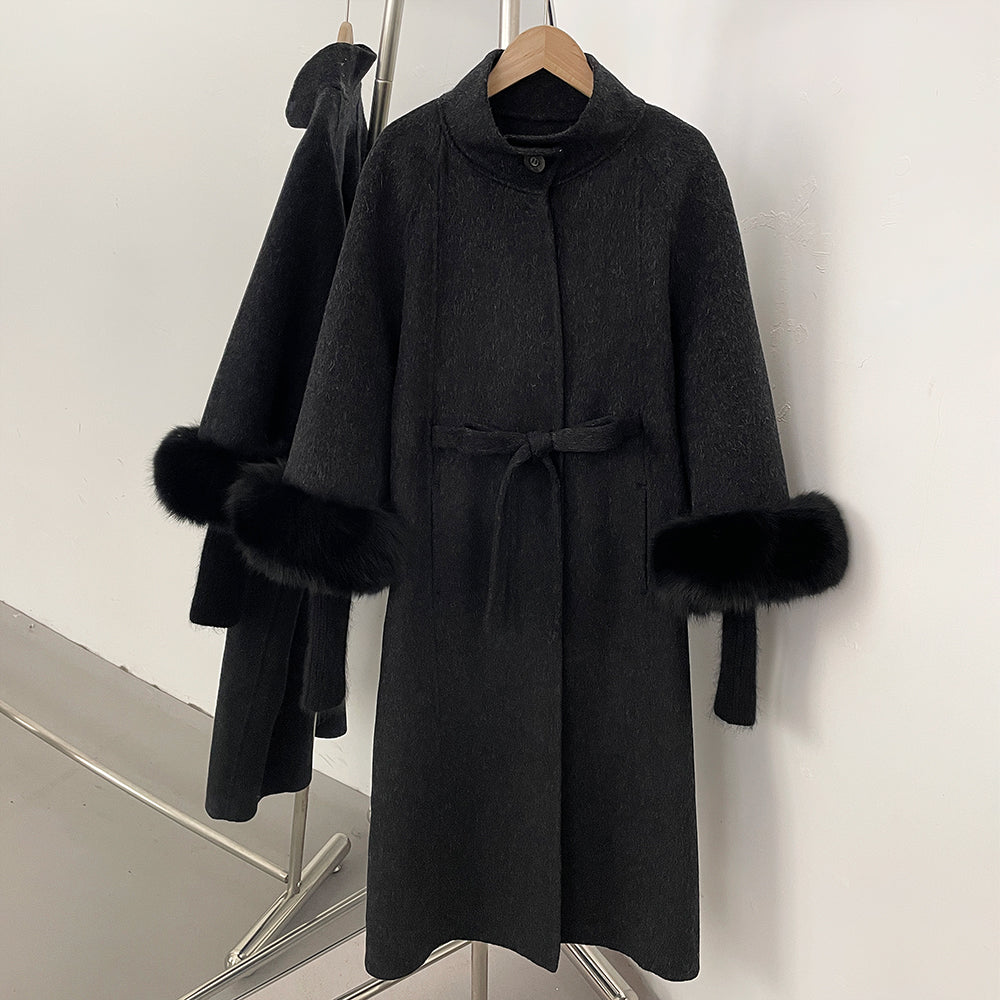 OFTBUY New Autumn Winter Knitted Sleeves Woolen Clothes Women High Collar Belt Real Fox Fur Wool Coat Female Alpaca Loose Jacket