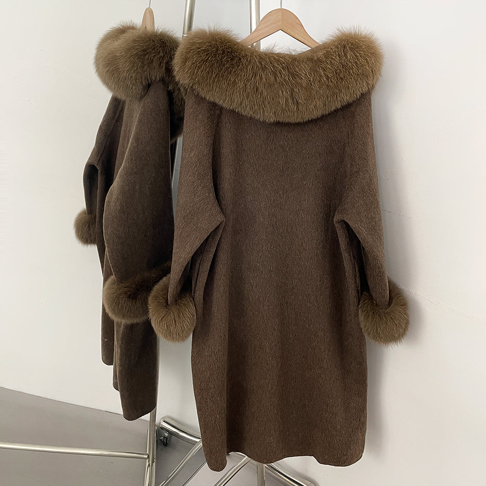 OFTBUY Pompoms Buttons Warm Winter Elegant Outerwear Female New Women's Double Face Wool Coat with Large Real Fox Fur Collar