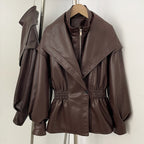 OFTBUY New Women's Faux Leather Jacket Oversized High Neck Zipper Elastic Waist Vintage Coat Female Streetwear Fashion Outerwear