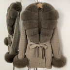 OFTBUY Belted Waist Striped Texture Pockets New Women's Knit Coat with Large Real Fox Fur Collar Winter Luxury Elegant Outerwear
