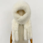 OFTBUY Hot Sales Fashion Fluffy White Natural Fox Fur Hat with Scarf Women Winter Female Thickened Warm Long Real Fur Cap Child