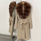 OFTBUY New Women's Knit Coat with Large Real Fox Fur Collar Belted Cardigan Female Winter Elegant Outerwear Warm Long Coat Lady