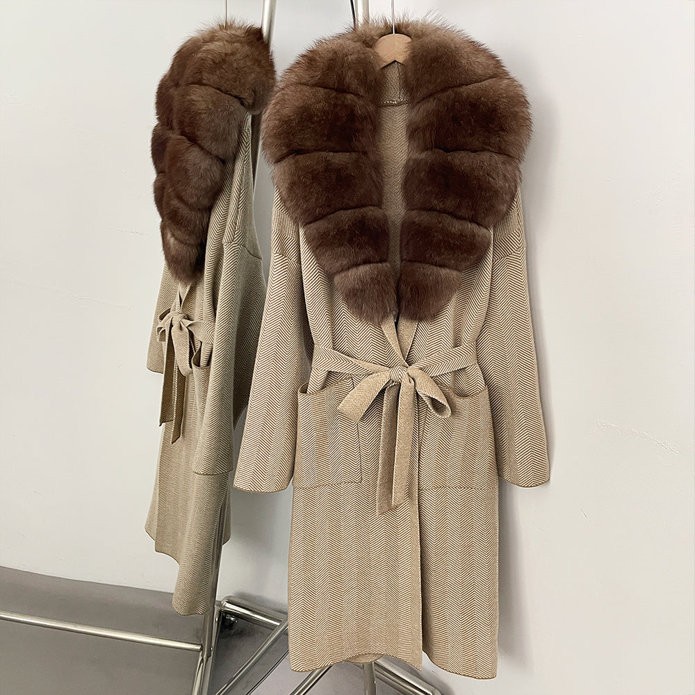 OFTBUY New Women's Knit Coat with Large Real Fox Fur Collar Belted Cardigan Female Winter Elegant Outerwear Warm Long Coat Lady