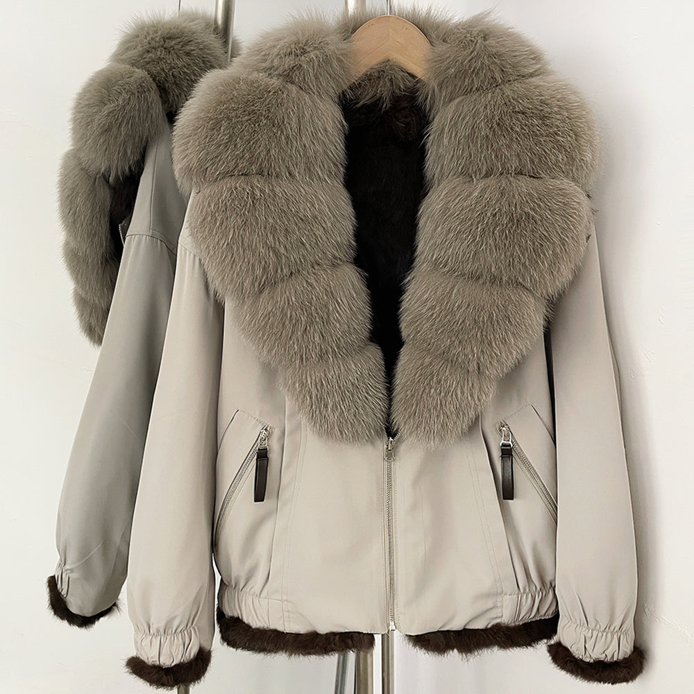 OFTBUY Luxury Real Fox Fur Collar Parka - Premium Real Rabbit Fur Lined Bomber Jacket for Extreme Cold
