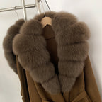 OFTBUY Women's Luxury Brown Knit Cardigan with Real Fox Fur Collar Belted Sweater Coat Female New Fashion Warm Winter Outerwear