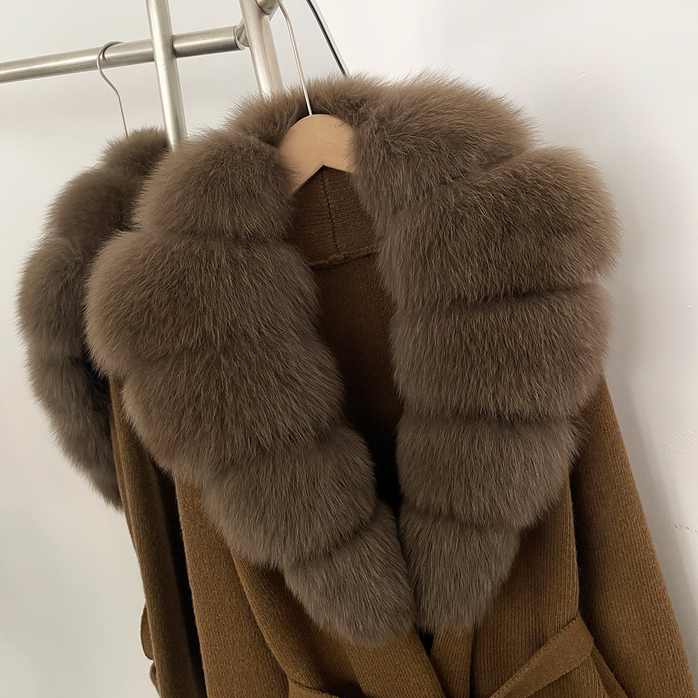 OFTBUY Women's Luxury Brown Knit Cardigan with Real Fox Fur Collar Belted Sweater Coat Female New Fashion Warm Winter Outerwear