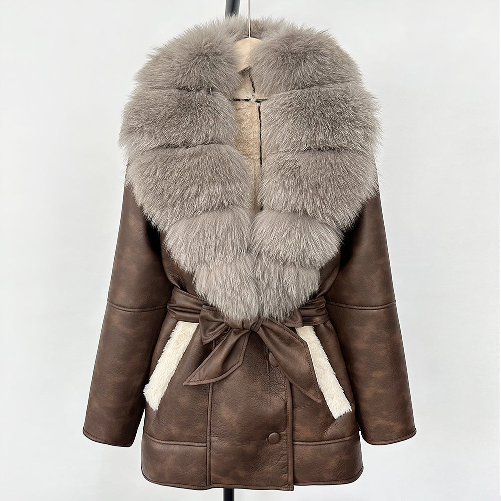 OFTBUY Large Natural Fox Fur Coat New Women Thick Warm Retro Faux Lamb Fur Jacket Belt Winter Female Parkas Outwear