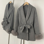 OFTBUY 100% Wool Wrap Belted Short Coat - Wide Shawl Lapel Real Fox Fur Cuff Luxury Double Sided Wool Jacket