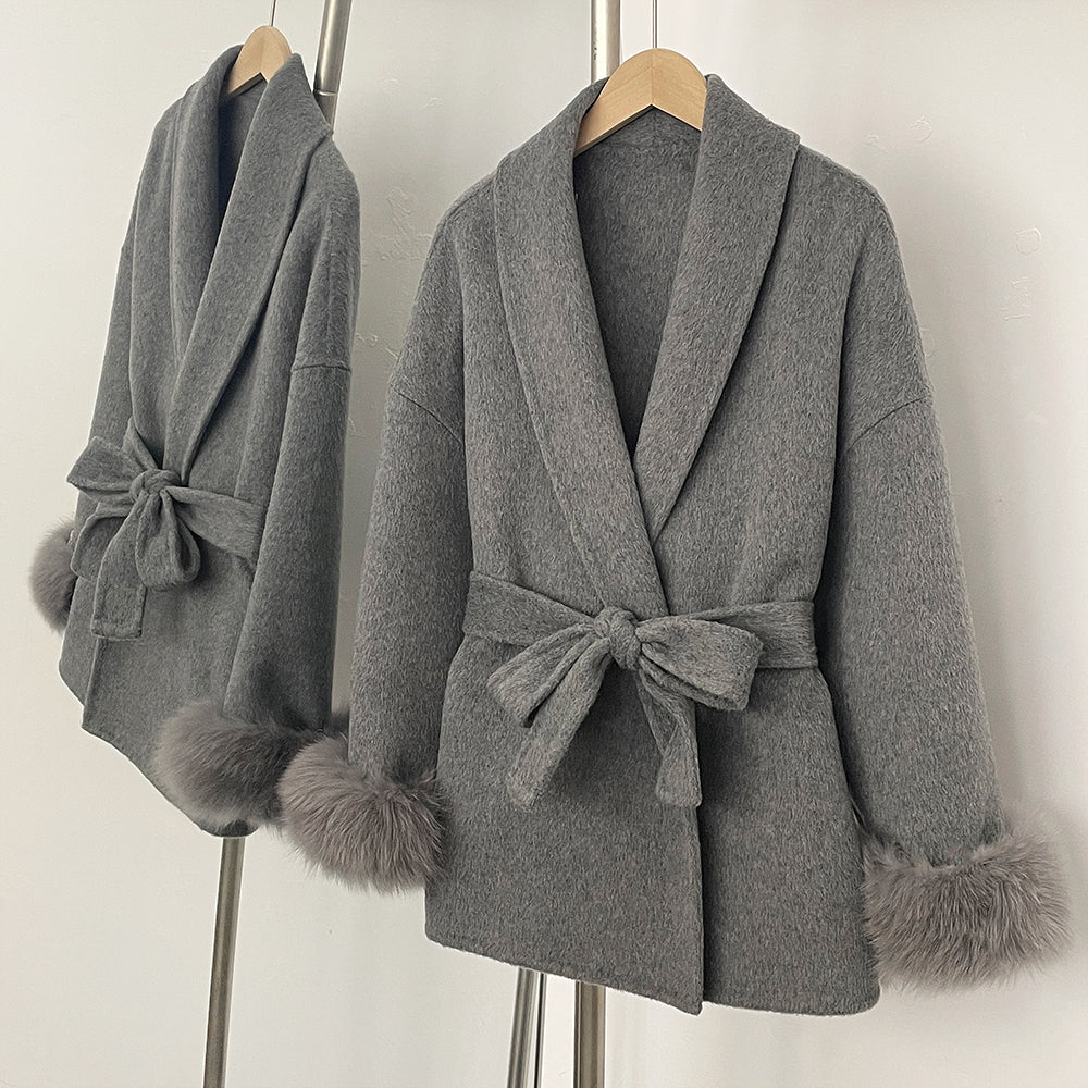 OFTBUY 100% Wool Wrap Belted Short Coat - Wide Shawl Lapel Real Fox Fur Cuff Luxury Double Sided Wool Jacket