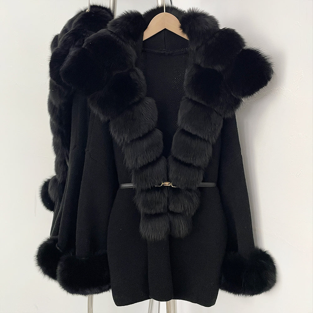 OFTBUY Belt Loose Fit Warm Winter Fashion Outerwear Natural Fur Sweater Female New Women's Knit Coat with Large Real Fox Fur
