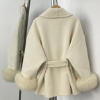 OFTBUY 100% Wool Wrap Belted Short Coat - Wide Shawl Lapel Real Fox Fur Cuff Luxury Double Sided Wool Jacket