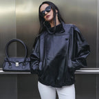 OFTBUY Womens Oversized Faux Leather Bomber Jacket