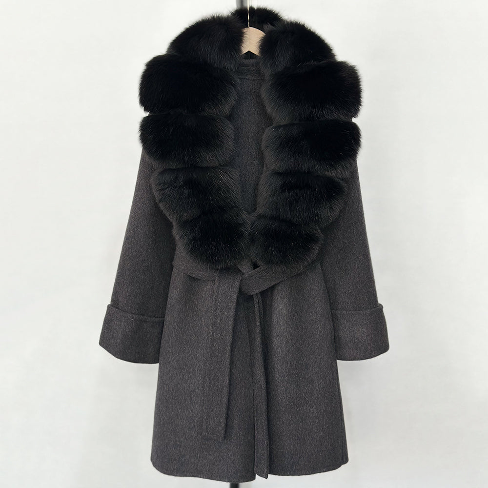 OFTBUY Natural Real Fox Fur Wool Blends Coat Women New Belt Pocket Winter Jacket Female Loose Woolen Outerwear Streetwear